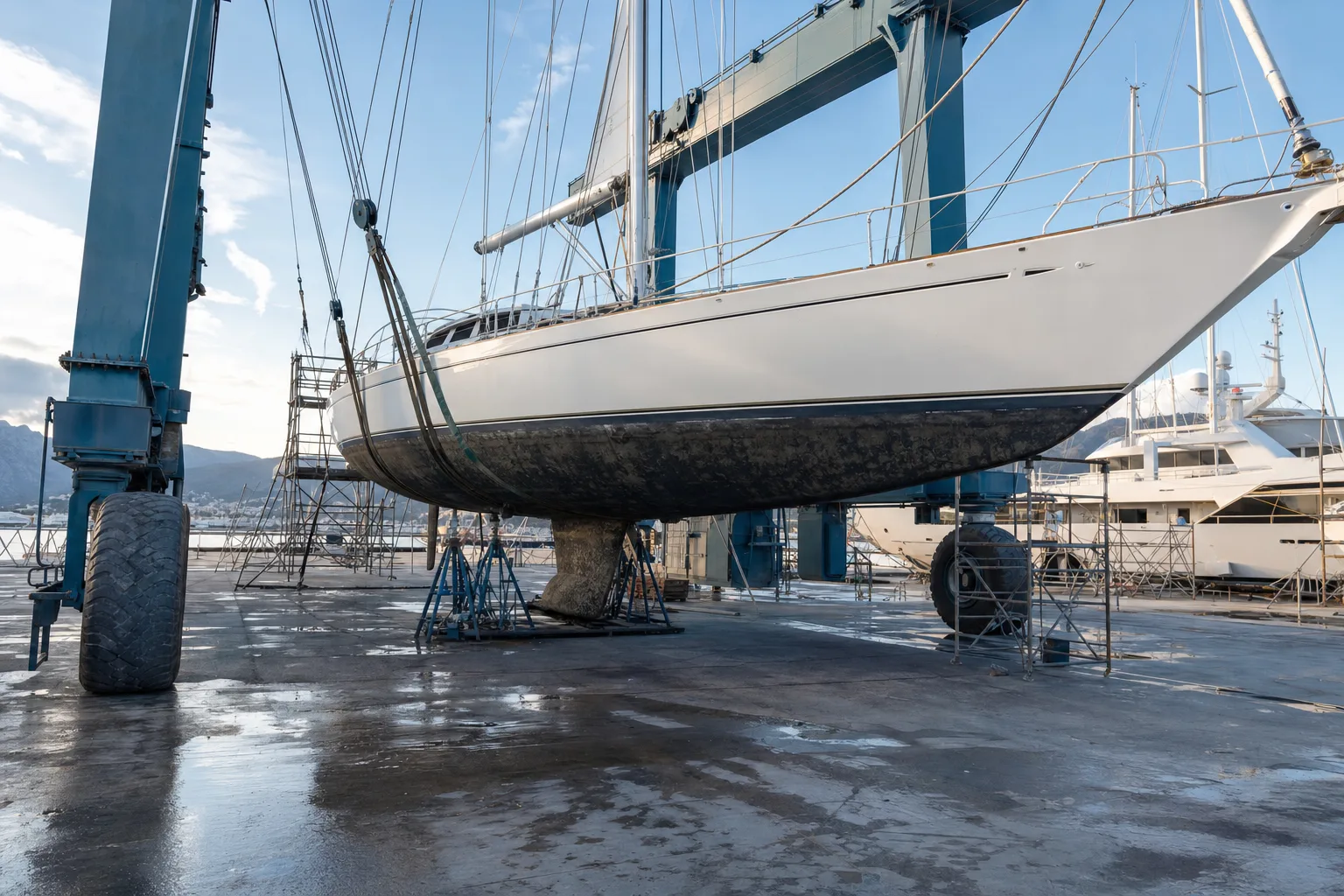 A large sailing yacht suspended in travel-lift slings at a Mediterranean refit yard