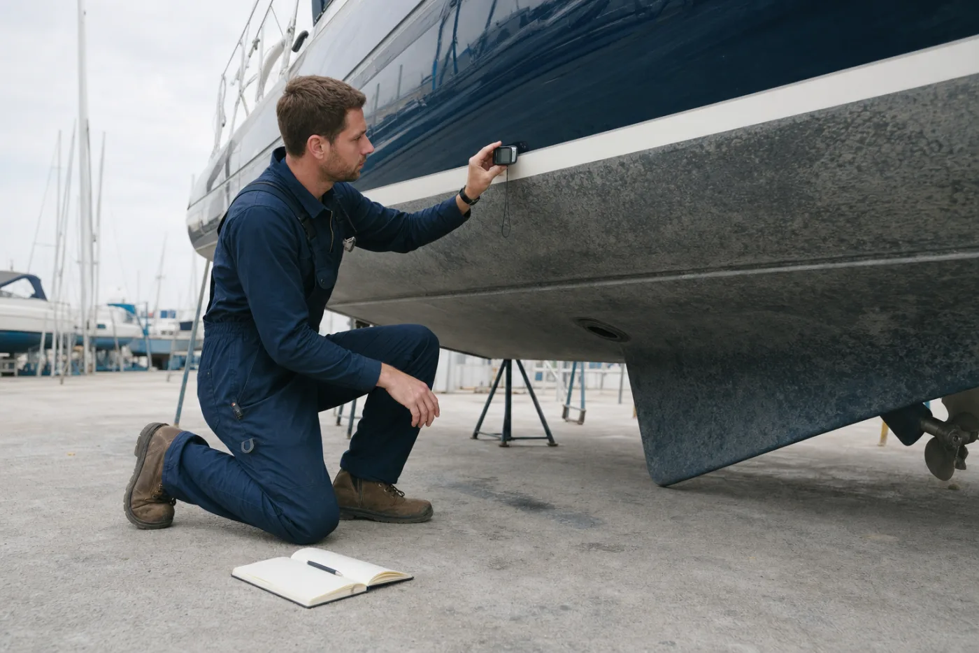 A surveyor measuring hull roughness on a hauled-out yacht
